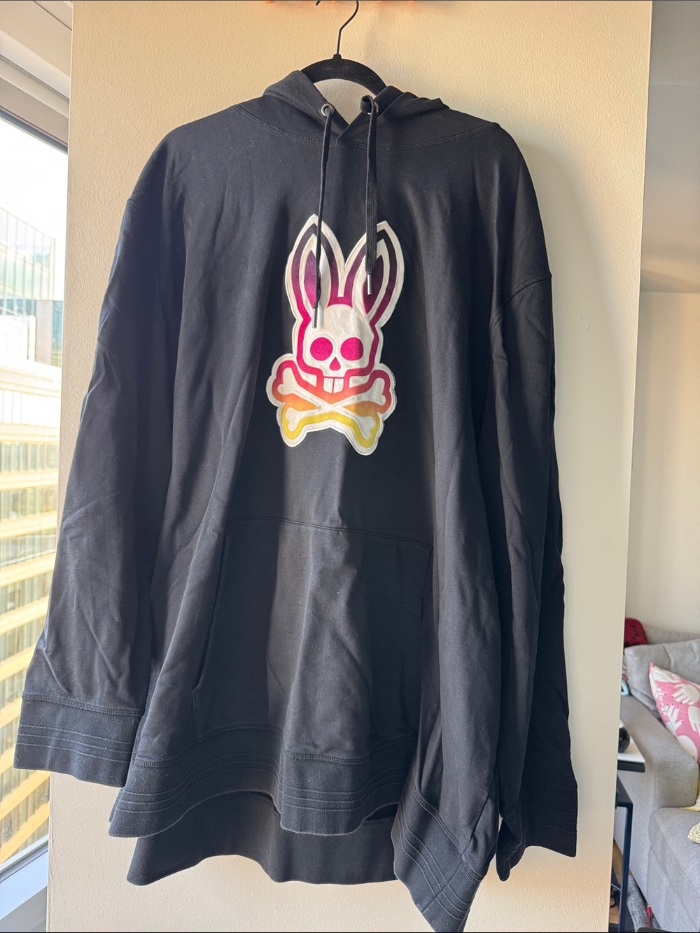 Psycho Bunny Black Hoodie with Pink and Yellow Gradient Logo
